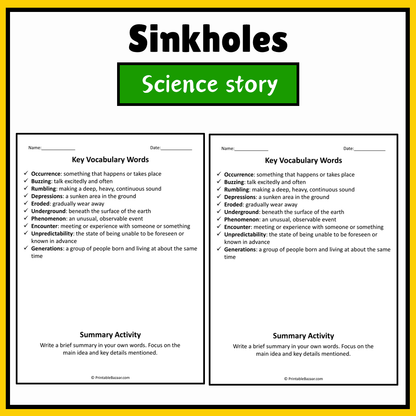 Sinkholes | Science Story Reading Comprehension Activity