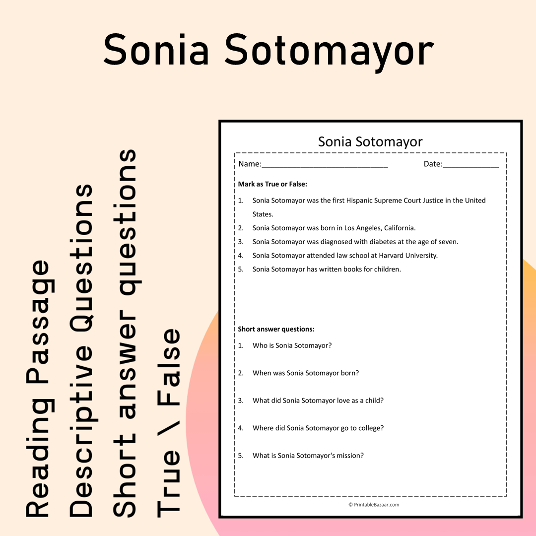 Sonia Sotomayor | Reading Comprehension Passage Printable Activity