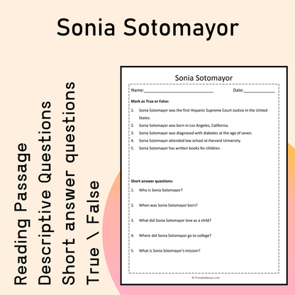 Sonia Sotomayor | Reading Comprehension Passage Printable Activity