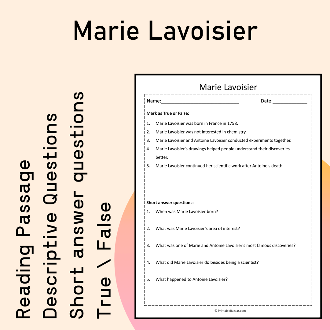 Marie Lavoisier | Reading Comprehension Passage Printable Activity