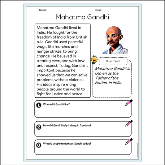 Mahatma Gandhi | Reading Passage Comprehension Questions Writing Facts Worksheet