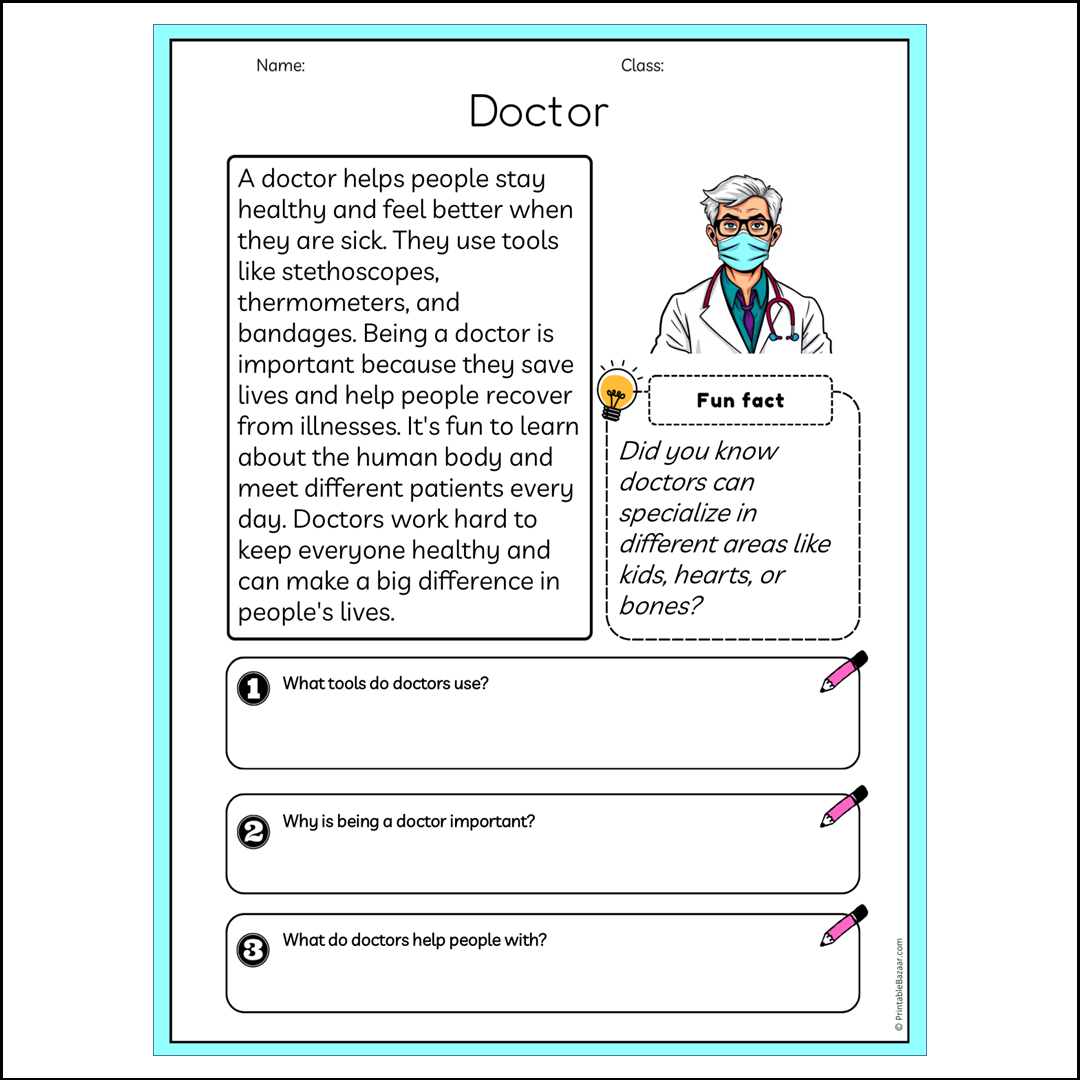 Doctor | Reading Passage Comprehension Questions Writing Facts Worksheet