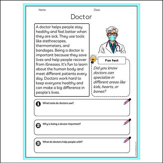 Doctor | Reading Passage Comprehension Questions Writing Facts Worksheet