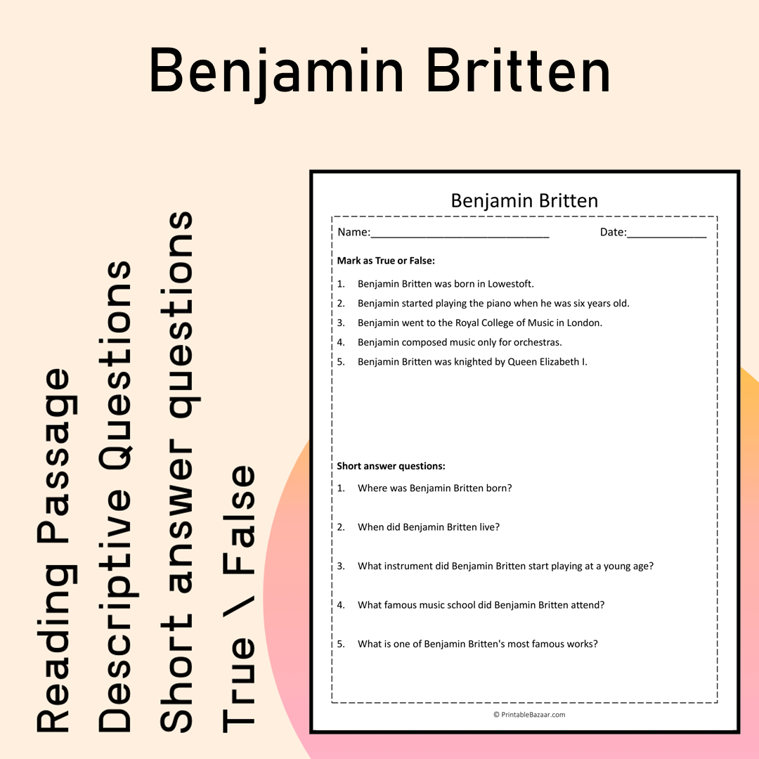 Benjamin Britten | Reading Comprehension Passage Printable Activity