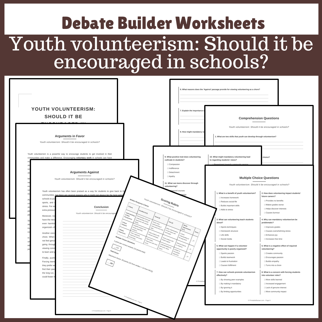 Youth volunteerism: Should it be encouraged in schools? | Favour and Against Worksheet Printable Activity