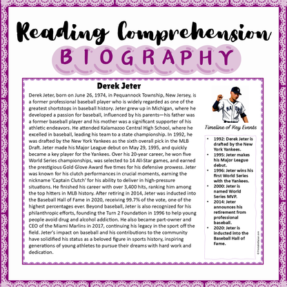 Derek Jeter | Biography Reading Comprehension and Questions Worksheet