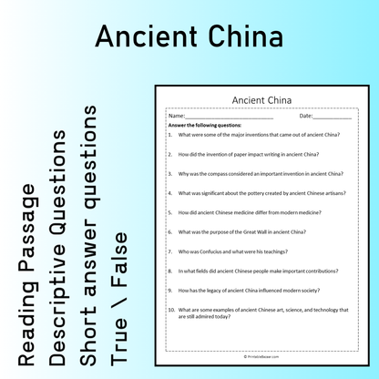 Ancient China | Reading Comprehension Passage Printable Worksheet