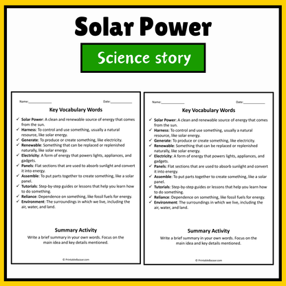 Solar Power | Science Story Reading Comprehension Activity