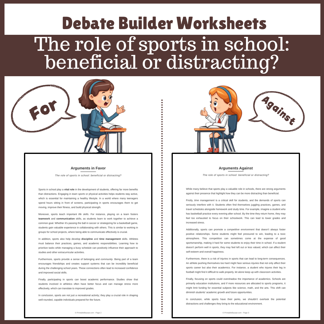 The role of sports in school: beneficial or distracting? | Favour and Against Worksheet Printable Activity