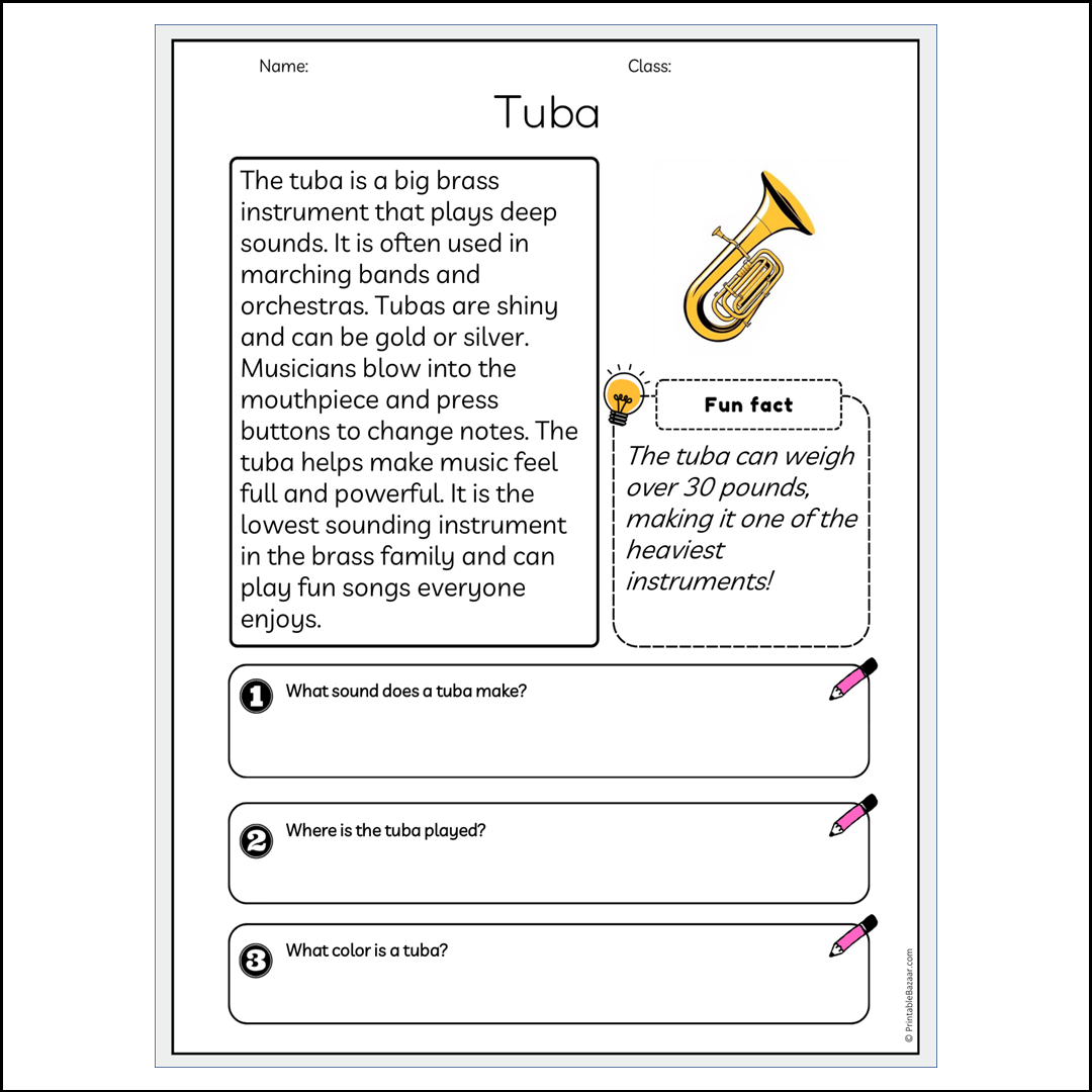 Tuba | Reading Passage Comprehension Questions Writing Facts Worksheet