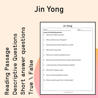 Jin Yong | Reading Comprehension Passage Printable Activity