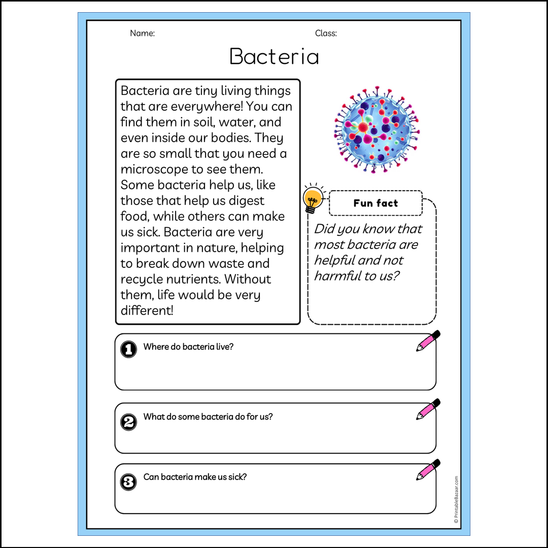 Bacteria | Reading Passage Comprehension Questions Writing Facts Worksheet