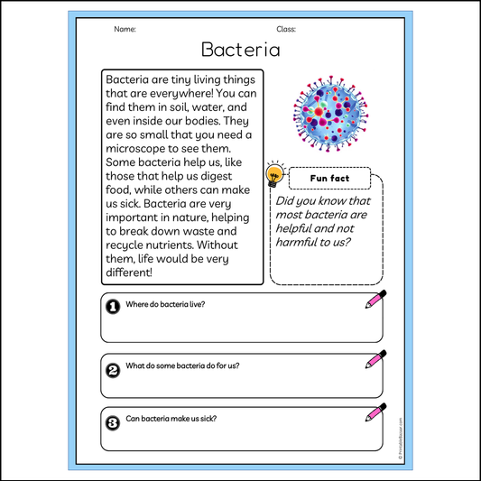 Bacteria | Reading Passage Comprehension Questions Writing Facts Worksheet