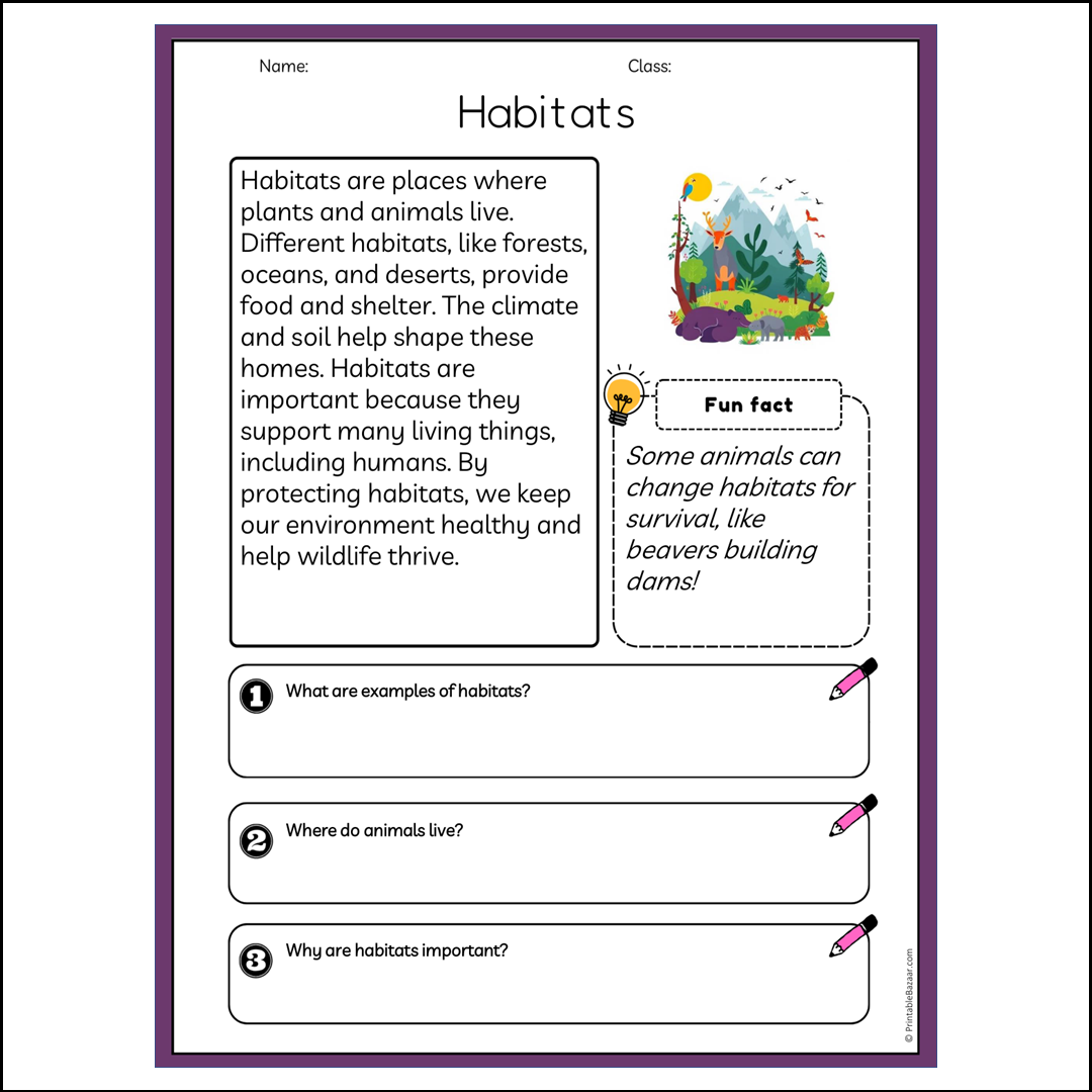 Habitats | Reading Passage Comprehension Questions Writing Facts Worksheet