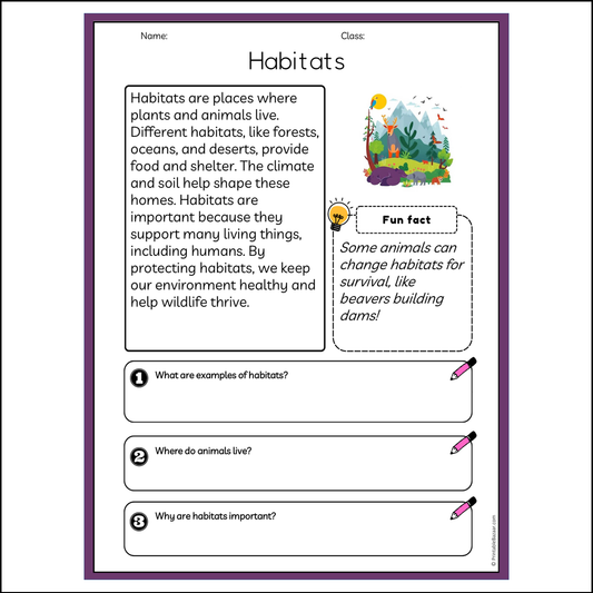 Habitats | Reading Passage Comprehension Questions Writing Facts Worksheet