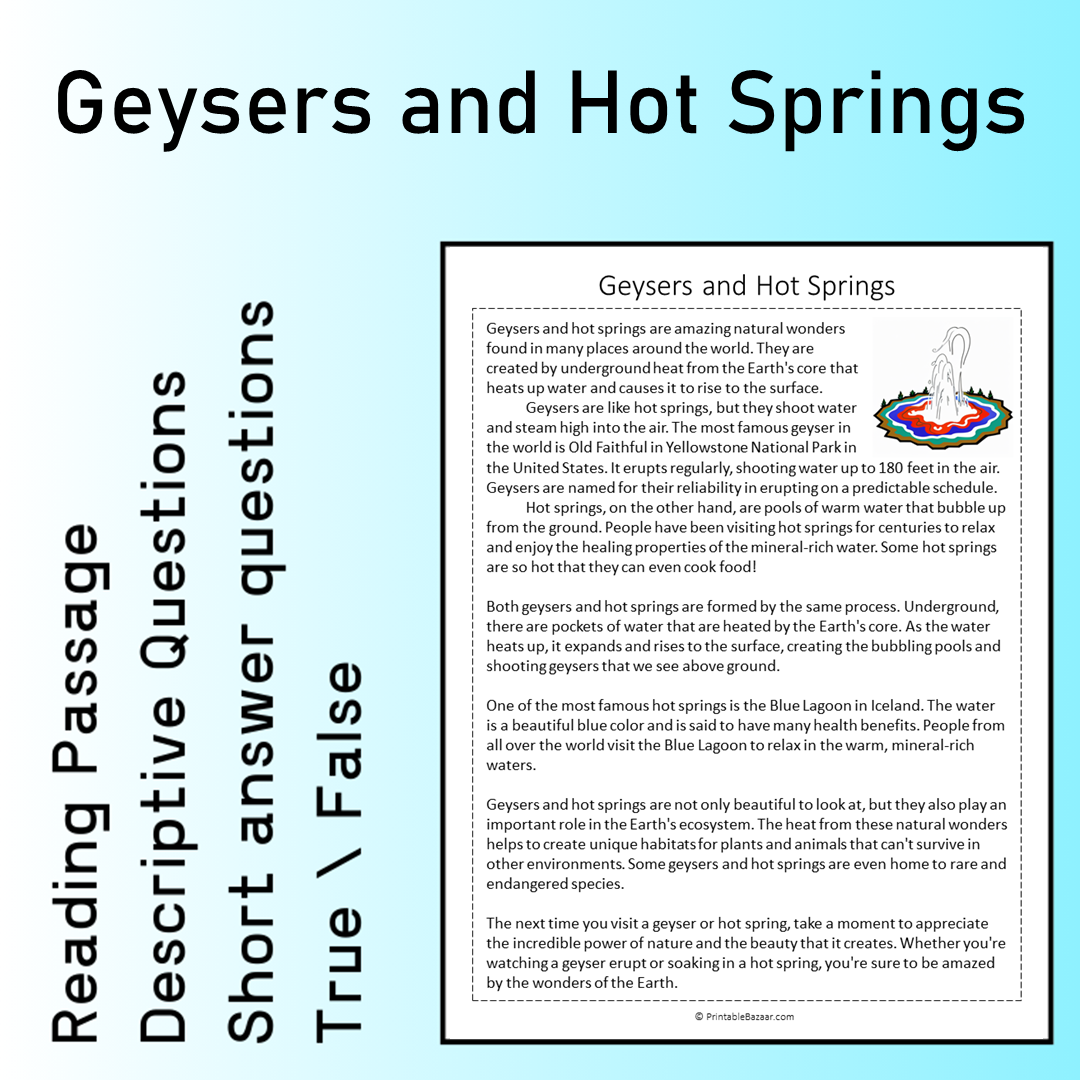 Geysers and Hot Springs | Reading Comprehension Passage Printable Worksheet