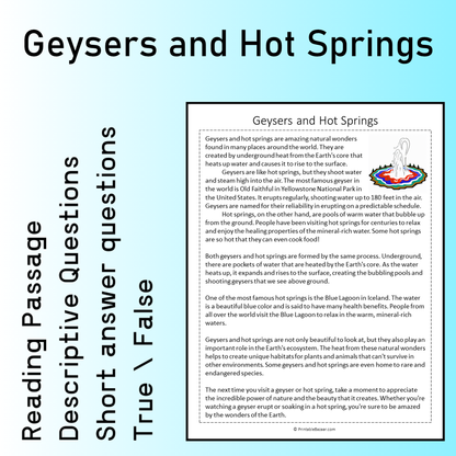 Geysers and Hot Springs | Reading Comprehension Passage Printable Worksheet