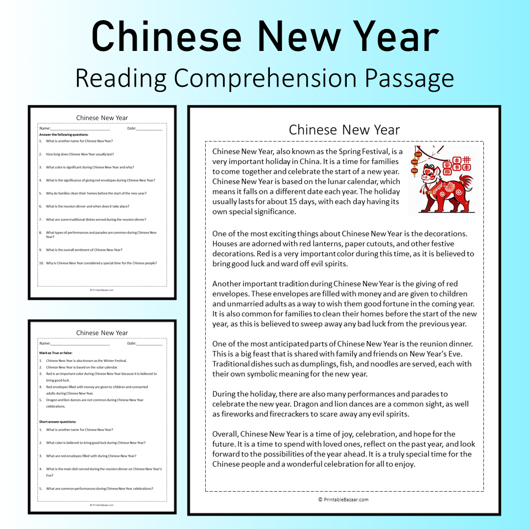 Chinese New Year | Reading Comprehension Passage Printable Worksheet
