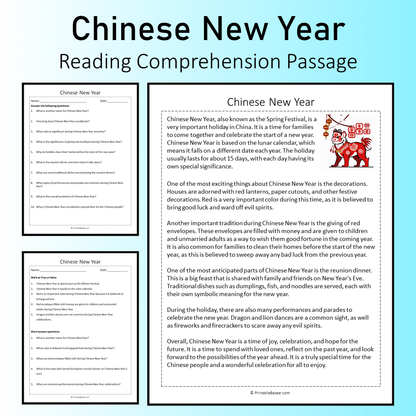Chinese New Year | Reading Comprehension Passage Printable Worksheet