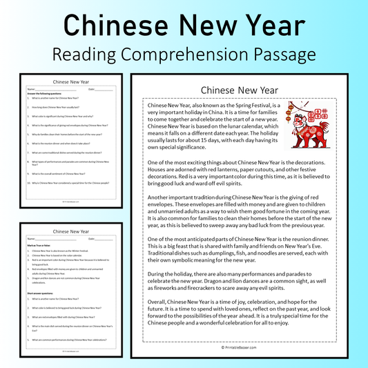 Chinese New Year | Reading Comprehension Passage Printable Worksheet