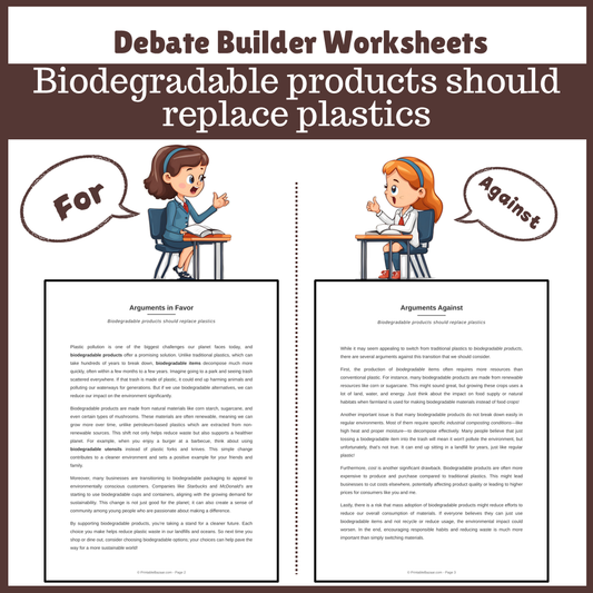 Biodegradable products should replace plastics | Favour and Against Worksheet Printable Activity