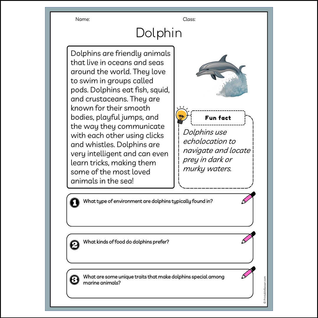 Dolphin | Reading Passage Comprehension Questions Writing Facts Worksheet