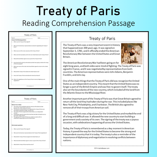 Treaty of Paris | Reading Comprehension Passage Printable Worksheet