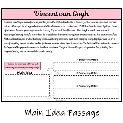 Vincent van Gogh | Main Idea and Supporting Details Reading Passage and Questions