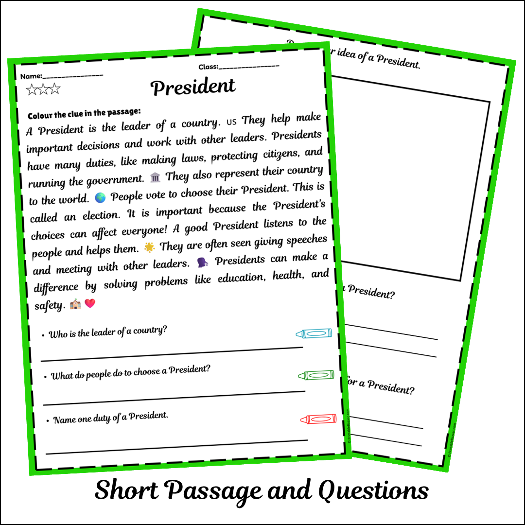 President | Short Reading Comprehension Creative Worksheet