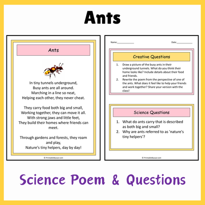 Ants | Science Poem Reading Comprehension Activity