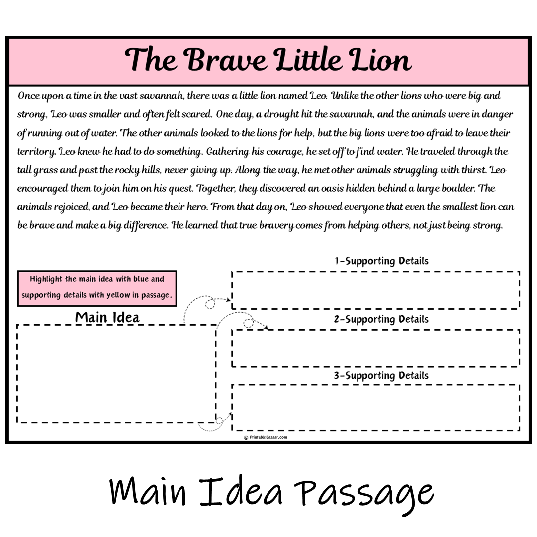 The Brave Little Lion | Main Idea and Supporting Details Reading Passage and Questions