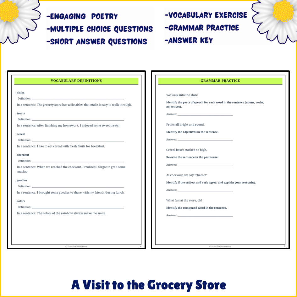 A Visit to the Grocery Store | Poem Grammar Worksheet Printable Activity