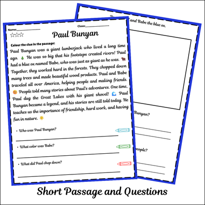 Paul Bunyan | Short Reading Comprehension Creative Worksheet