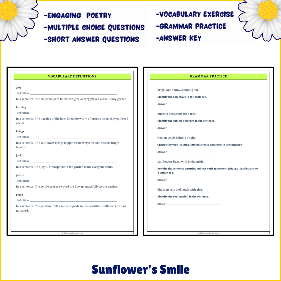 Sunflower's Smile | Poem Grammar Worksheet Printable Activity