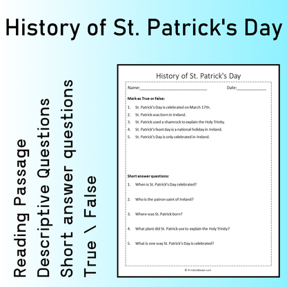 History of St. Patrick's Day | Reading Comprehension Passage Printable Worksheet