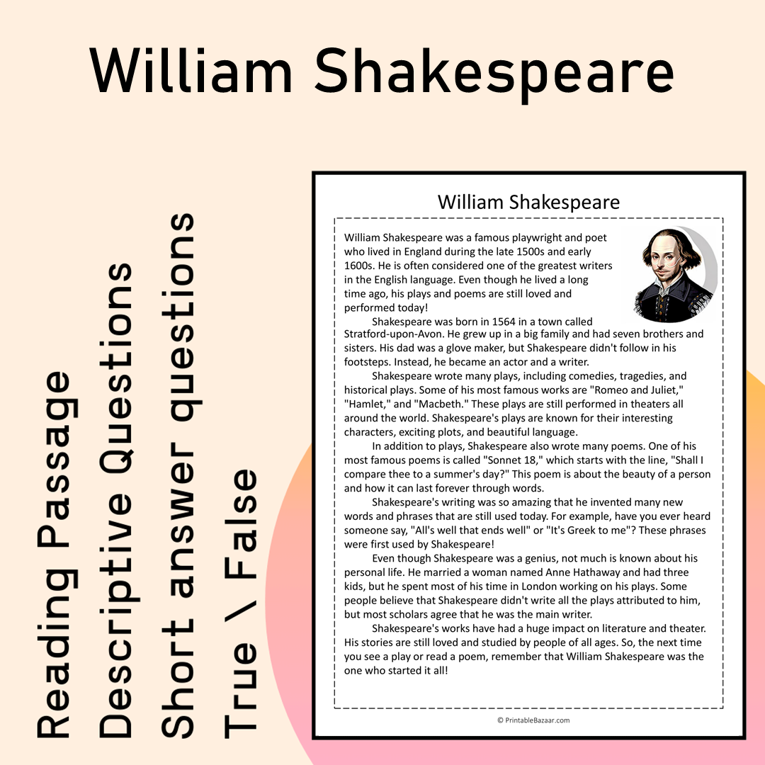 William Shakespeare | Reading Comprehension Passage Printable Activity