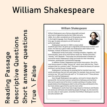 William Shakespeare | Reading Comprehension Passage Printable Activity
