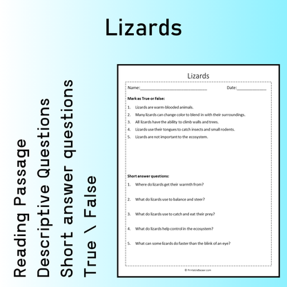 Lizards | Reading Comprehension Passage Printable Worksheet
