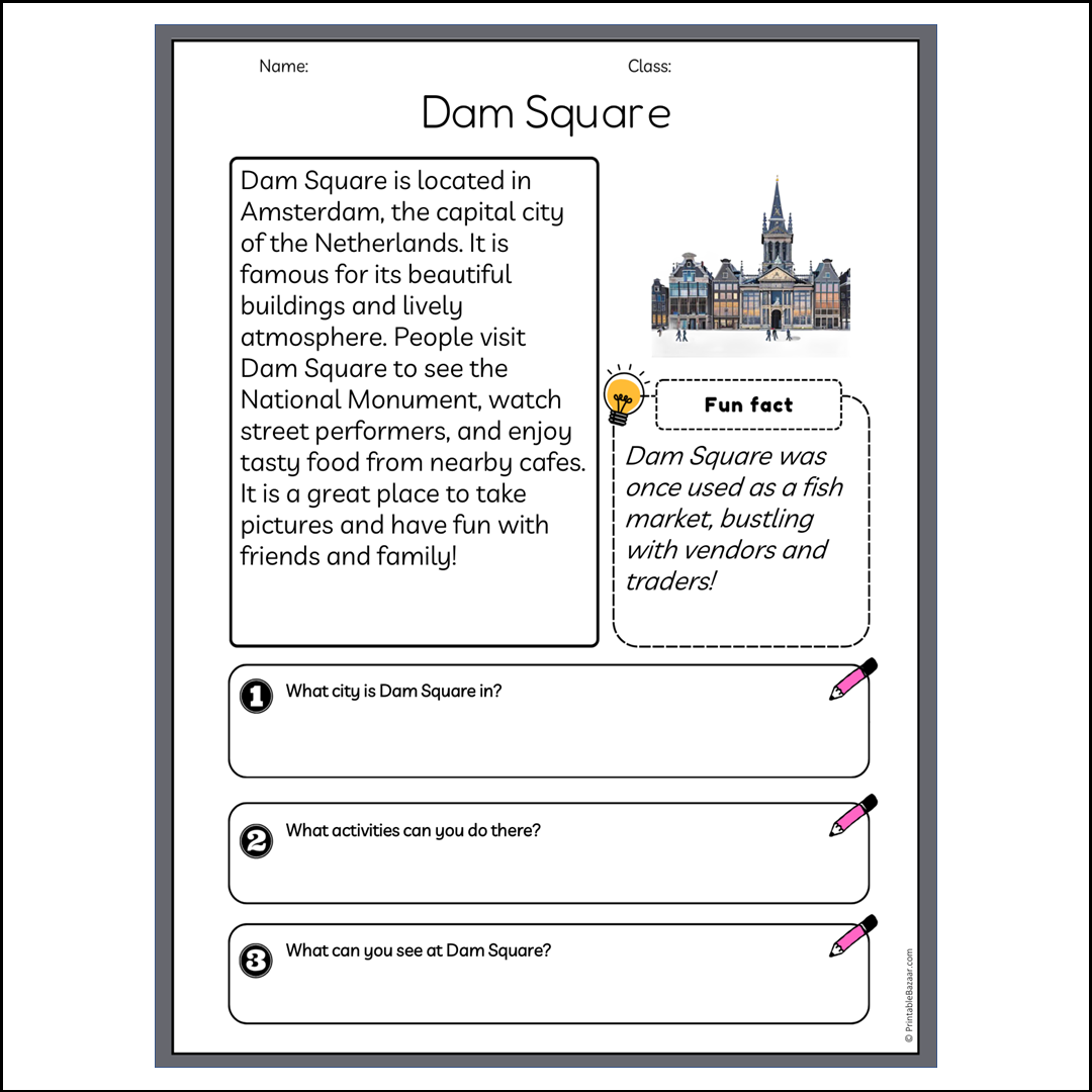 Dam Square | Reading Passage Comprehension Questions Writing Facts Worksheet