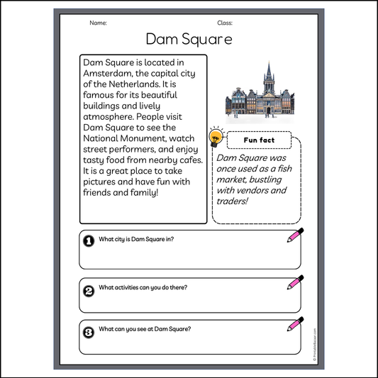 Dam Square | Reading Passage Comprehension Questions Writing Facts Worksheet