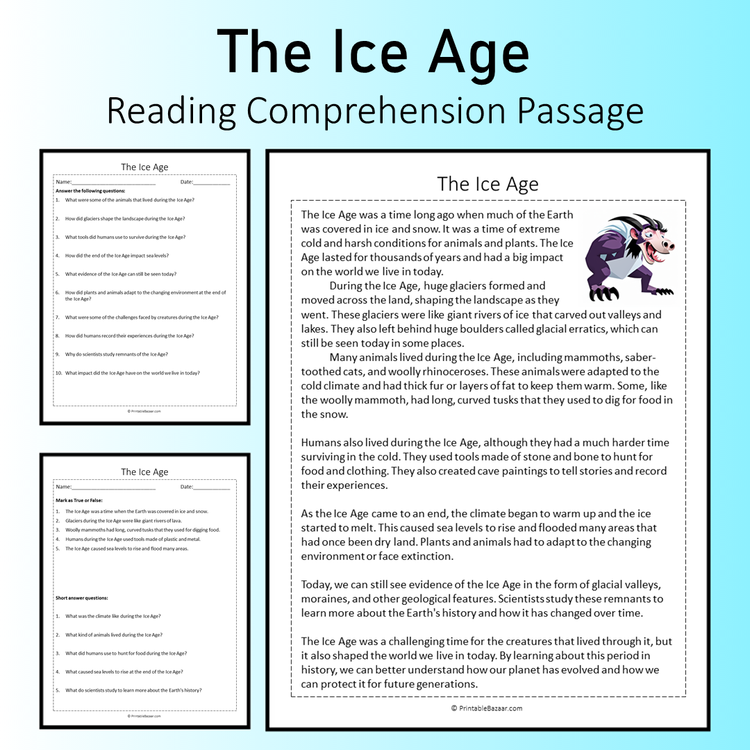 The Ice Age | Reading Comprehension Passage Printable Worksheet