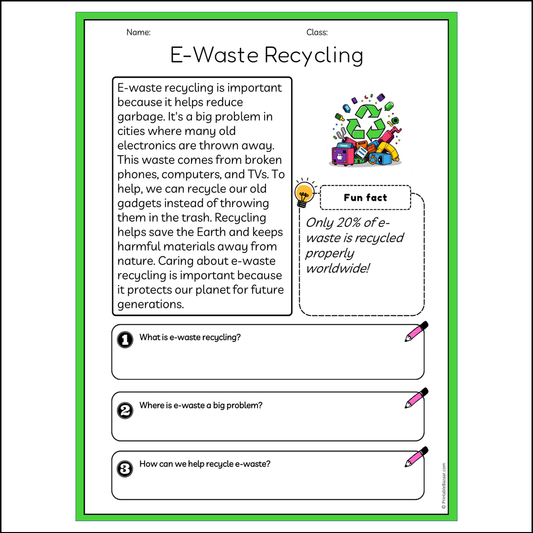 E-Waste Recycling | Reading Passage Comprehension Questions Writing Facts Worksheet