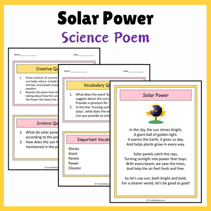 Solar Power | Science Poem Reading Comprehension Activity