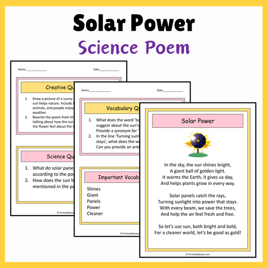 Solar Power | Science Poem Reading Comprehension Activity