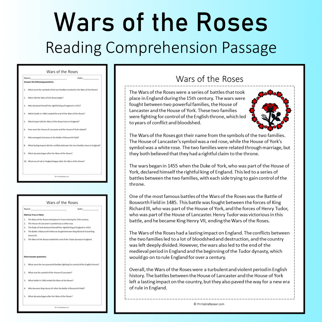 Wars of the Roses | Reading Comprehension Passage Printable Worksheet