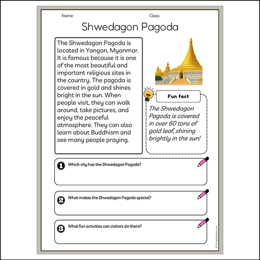 Shwedagon Pagoda | Reading Passage Comprehension Questions Writing Facts Worksheet