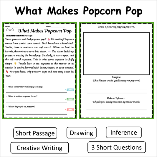 What Makes Popcorn Pop | Short Reading Comprehension Creative Worksheet