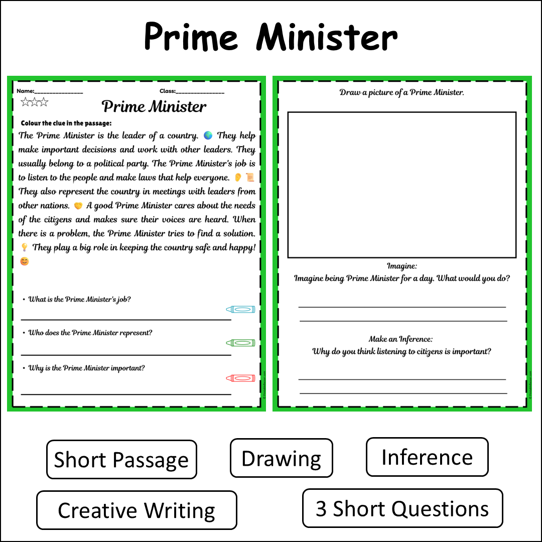 Prime Minister | Short Reading Comprehension Creative Worksheet