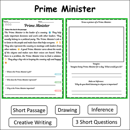 Prime Minister | Short Reading Comprehension Creative Worksheet