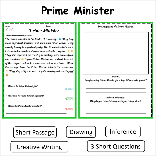 Prime Minister | Short Reading Comprehension Creative Worksheet